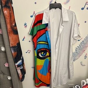 SHEIN Multicolor Graphic and White Half-Button Tunic